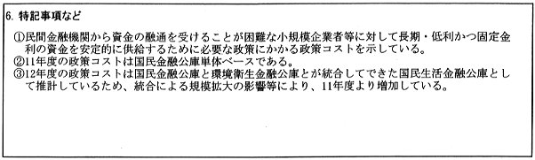 特記事項などを説明する表