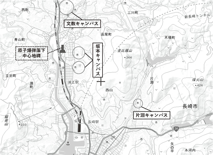 各キャンパスの位置関係（国土地理院「地理院地図（電子国土WEB）」より筆者加工）：「文教」・「坂本」と「片淵」とは、自動車（北回り）で15分前後（約6キロメートル）の距離。
