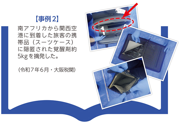 【事例2】南アフリカから関西空港に到着した旅客の携帯品（スーツケース）に隠匿された覚醒剤約5kgを摘発した。（令和7年6月・大阪税関）