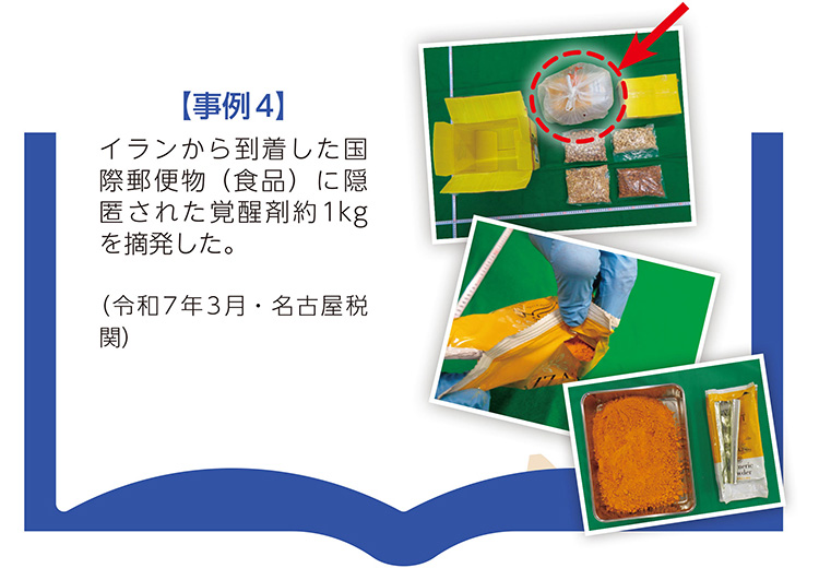 【事例4】イランから到着した国際郵便物（食品）に隠匿された覚醒剤約1kgを摘発した。（令和7年3月・名古屋税関）