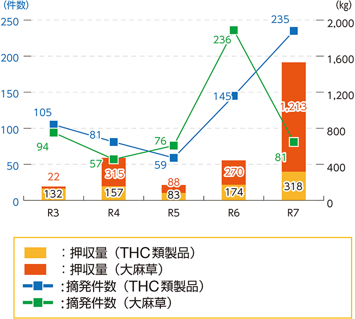 摘発件数と押収量の推移