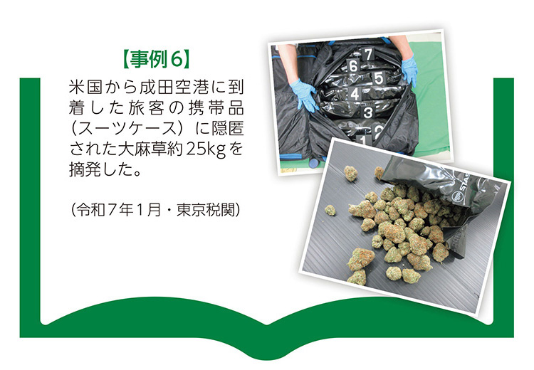 【事例6】米国から成田空港に到着した旅客の携帯品（スーツケース）に隠匿された大麻草約25kgを摘発した。（令和7年1月・東京税関）