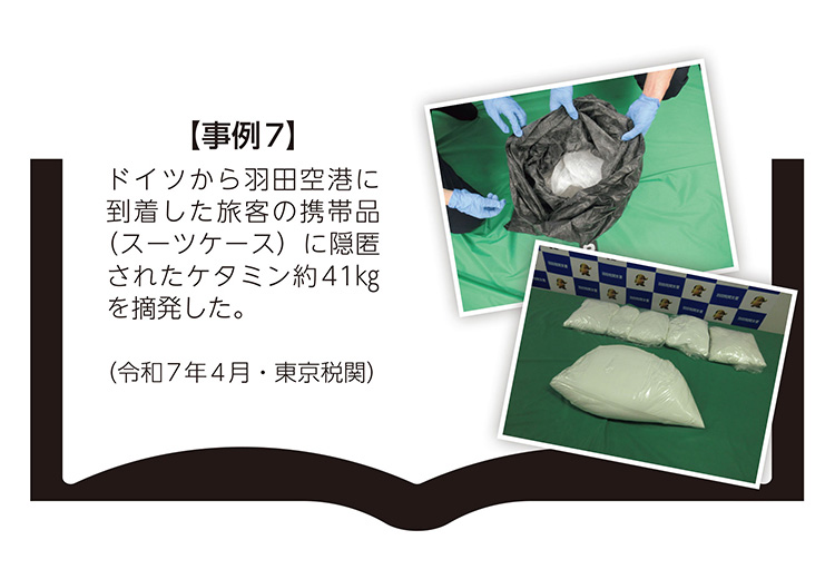 【事例7】ドイツから羽田空港に到着した旅客の携帯品（スーツケース）に隠匿されたケタミン約41kgを摘発した。（令和7年4月・東京税関）