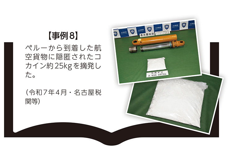 【事例8】ペルーから到着した航空貨物に隠匿されたコカイン約25kgを摘発した。（令和7年4月・名古屋税関等）