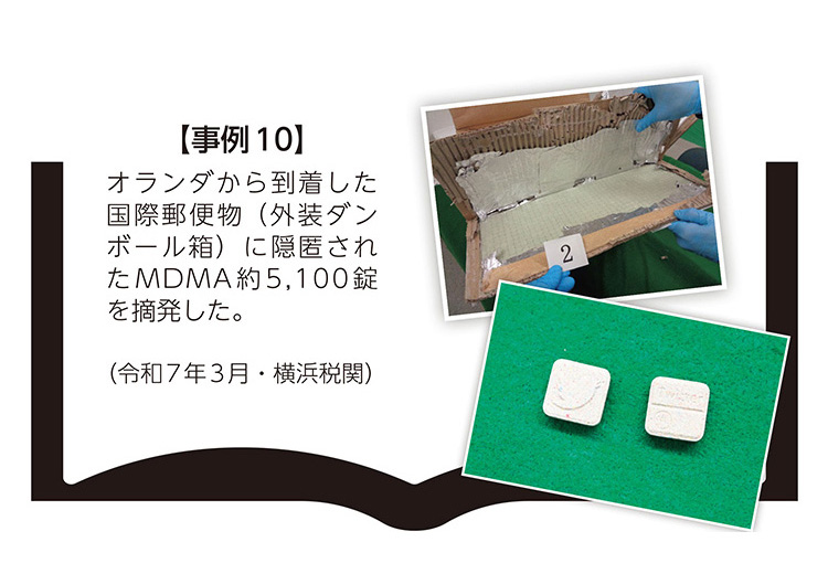 【事例10】オランダから到着した国際郵便物（外装ダンボール箱）に隠匿されたMDMA約5,100錠を摘発した。（令和7年3月・横浜税関）