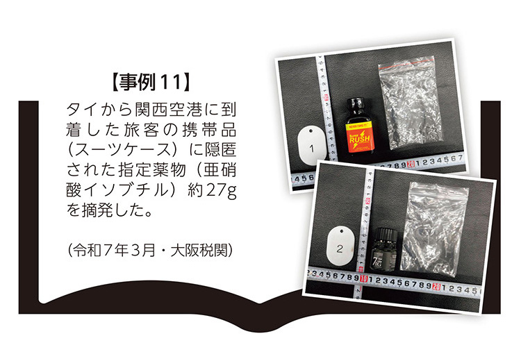 【事例11】タイから関西空港に到着した旅客の携帯品（スーツケース）に隠匿された指定薬物（亜硝酸イソブチル）約27gを摘発した。（令和7年3月・大阪税関）