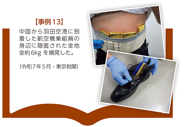 【事例13】中国から羽田空港に到着した航空機乗組員の身辺に隠匿された金地金約6kg を摘発した。（令和7年5月・東京税関）