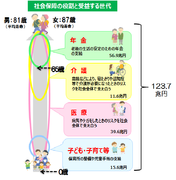 社会保障の役割と受益する世代を説明する図